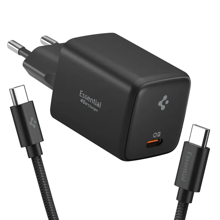 Spigen EE451EU Essential 1-Port Snabbladdare 45W + Typ-C Kabel - Svart