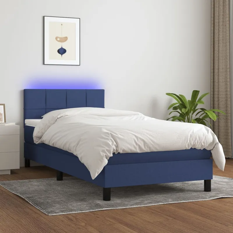 vidaXL Ramsäng med madrass & LED blå 90×200 cm tyg (#6553)