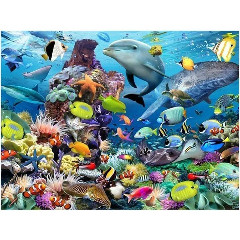 Sea World Delfiner Diamantbroderi Tropiska Fiskar Diamantmålning Korsstygn Europeiska 20X30CM