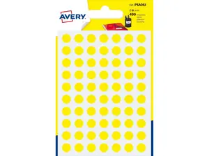Runda etiketter, Avery PSA08J, permanent häft, Ø: 8 mm, gul, 490-pack
