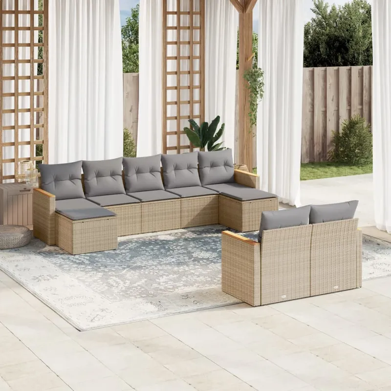 vidaXL Soffgrupp för trädgård med dynor 9 delar mixbeige konstrotting (#3685)