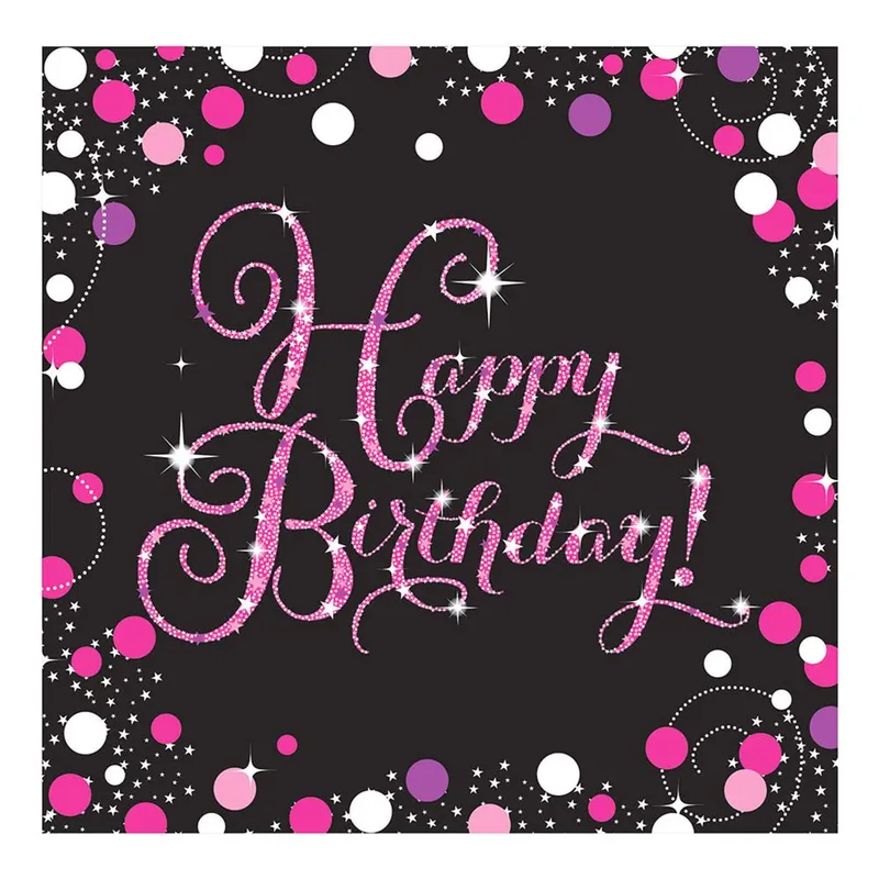 Servetter Happy Birthday Svart/Rosa Glitter - 16-pack