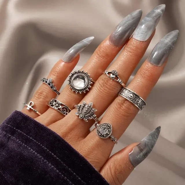 Boho Midi Fingerringsett for kvinner Punk Elefant Blomst Utskåret Sølv Knokeringer Smykkegave