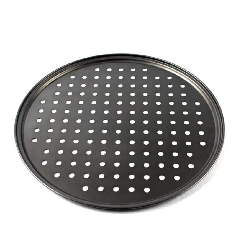 26/28/32 cm Karbonstål Slippbelegg Pizza Bakeform Rund Nettingbrett Plate Ovn Baking Bakeutstyr med Hull Pizzaform
