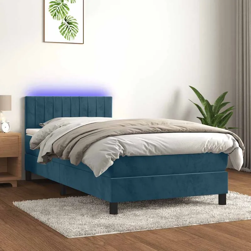 vidaXL Resårsäng med madrass och LED mörkblå 90×200 cm sammet (#0290)