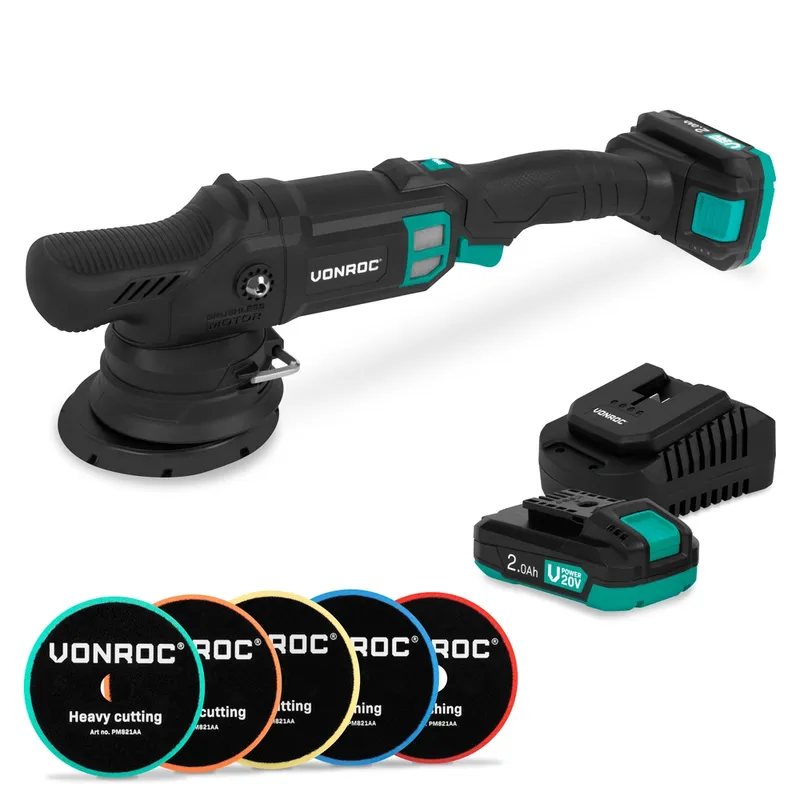 PRO Dual Action Polermaskin 20V - Ø 125mm | Inkl. 2x 2.0Ah batterier, snabbladdare och 5 polerrondeller
