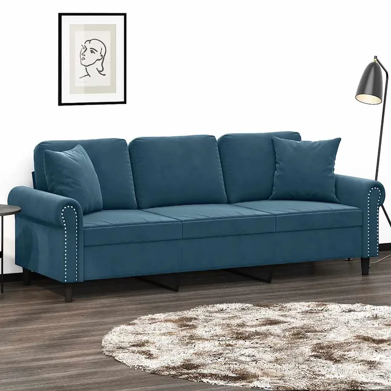 vidaXL 3-sitssoffa med prydnadskuddar blå 180 cm sammet (#9313)