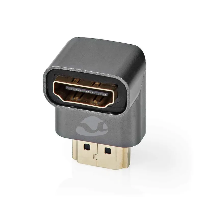 HDMI™ Adapter | HDMI™ Hane / HDMI™ Kontakt | HDMI™ Hona / HDMI™ Utgång | Guldplaterad | Vinklat 90° | Aluminium | Grått Med Meta