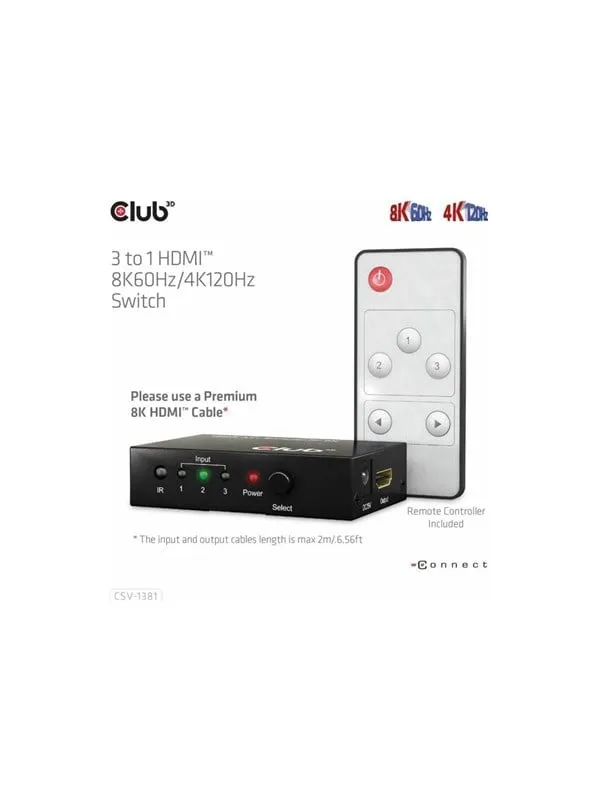 Club 3D CSV-1381 - video/audio switch - 3-to-1 8K 60 Hz/4K 120 Hz - 4 ports