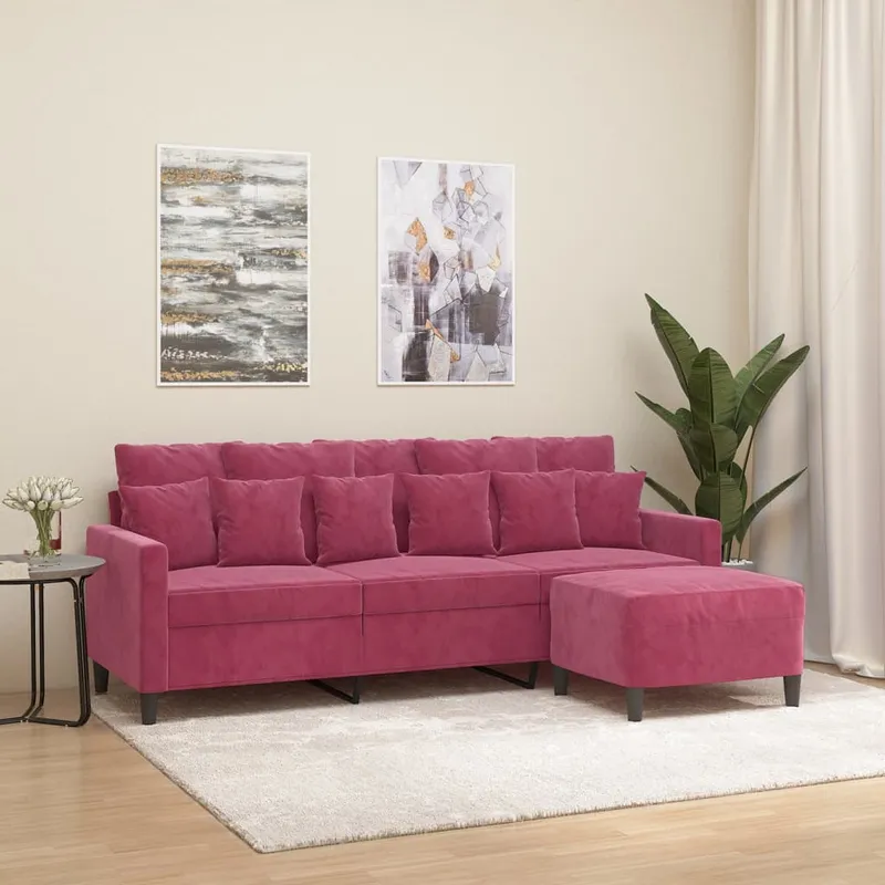 vidaXL 3-sitssoffa med fotstöd vinröd 180 cm sammet (#0784)