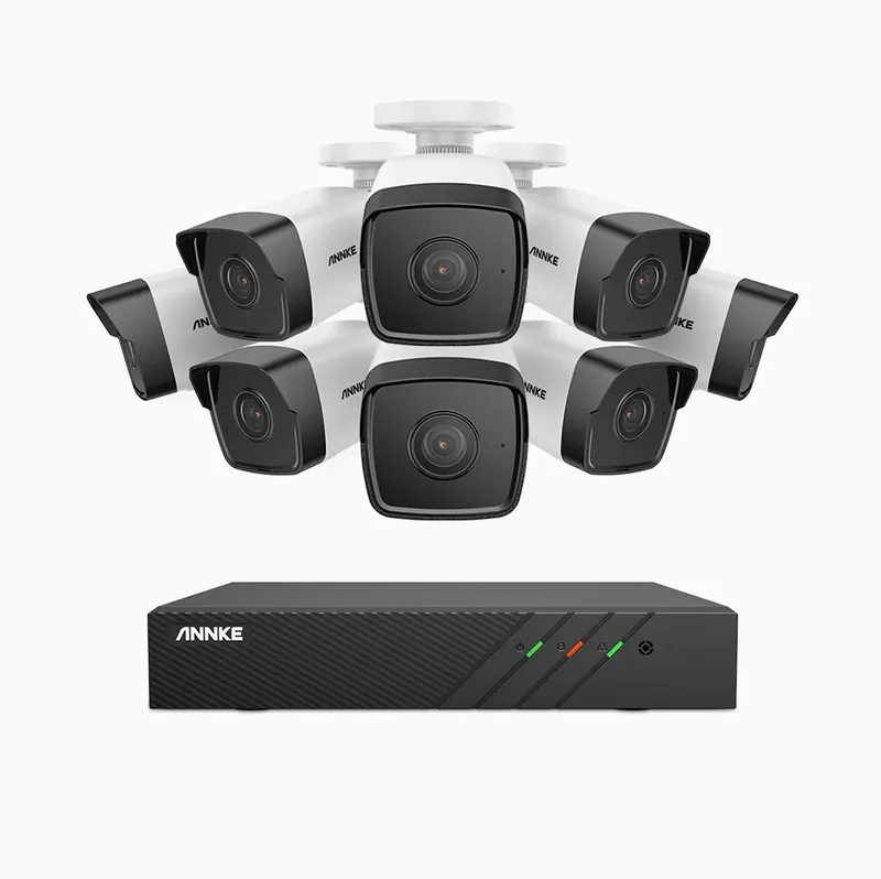 Övervakningssystem med 8st kameror, POE, notiser, Wifi, ljud, IP67, 5MP, 2TB, 8CH DVR