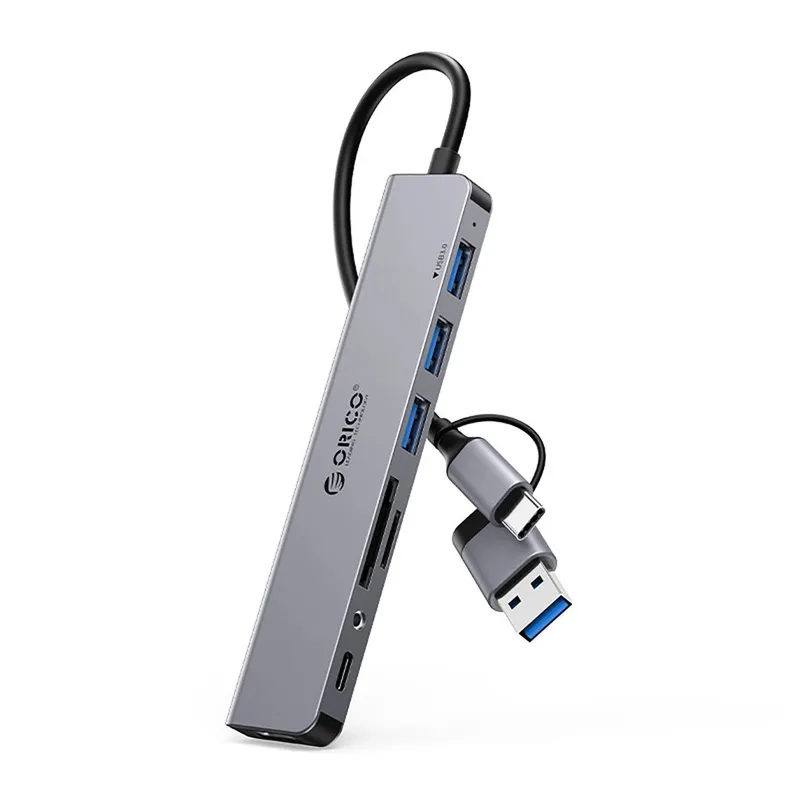 Orico USB-A/USB-C Hub 4x USB-A/1x USB-C/1x 3,5 mm Audio/2x TF/SD – Grå