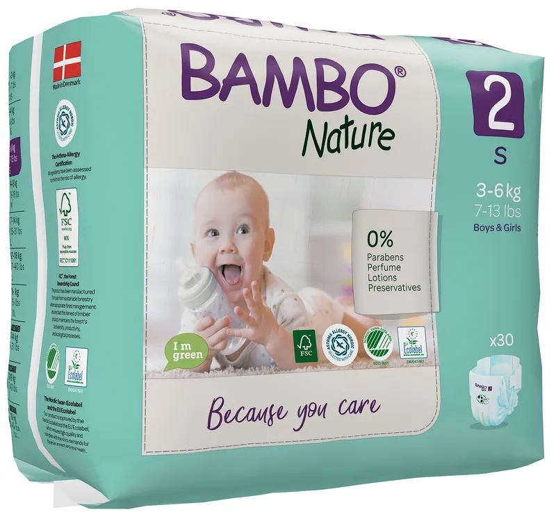 Babyblöja, tejpblöja, miljömärkt, Bambo Nature, 2, 3-6 kg – (6 förpackningar x 30 st.)