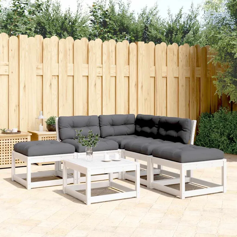 vidaXL Loungegrupp för trädgården 5 delar med dynor vit massiv furu (#0469)