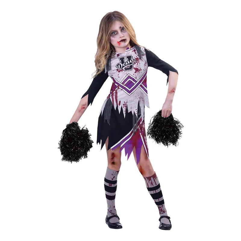 Zombie Cheerleader Svart/Lila Barn Maskeraddräkt – Large