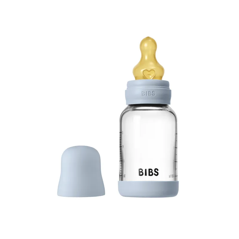 BIBS Glass Baby Bottle Round Latex Slow Flow Baby Blue 120 ml