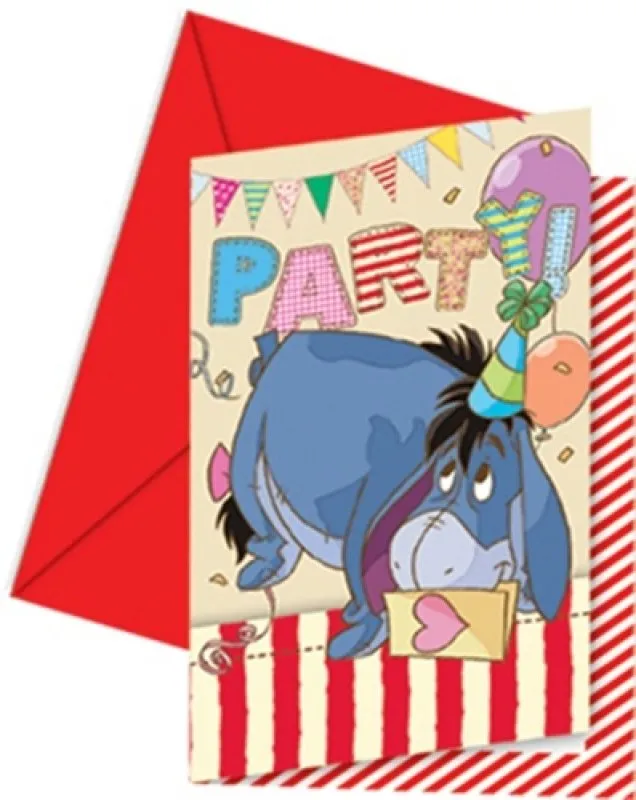 Nalle Puh inbjudningskort flerfärgad kvalitetspapper I-or motiv barnkalas 14x9cm Disney 6-pack