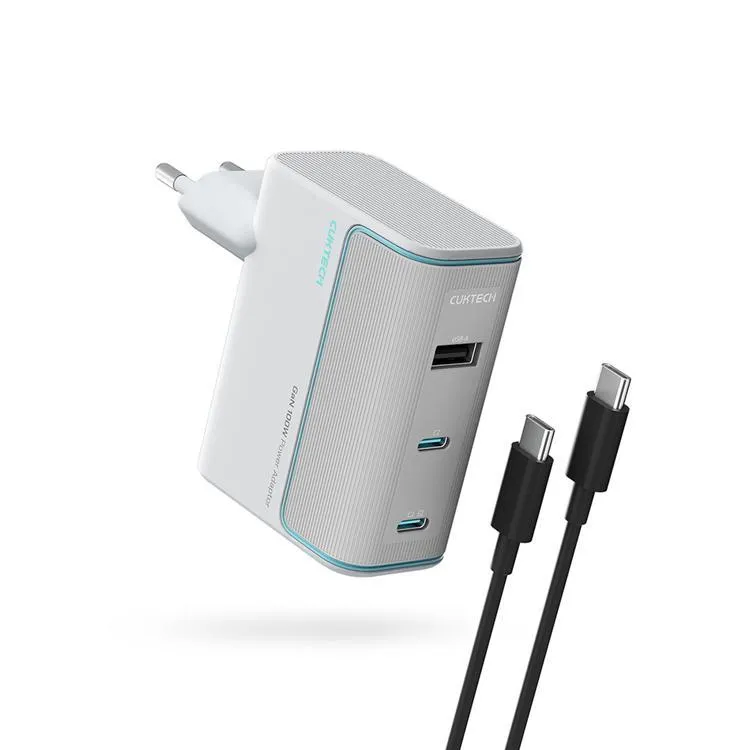 CUKTECH AD1003EU 100W GaN 2x USB-C + USB-A Wall Charger with Cable - White