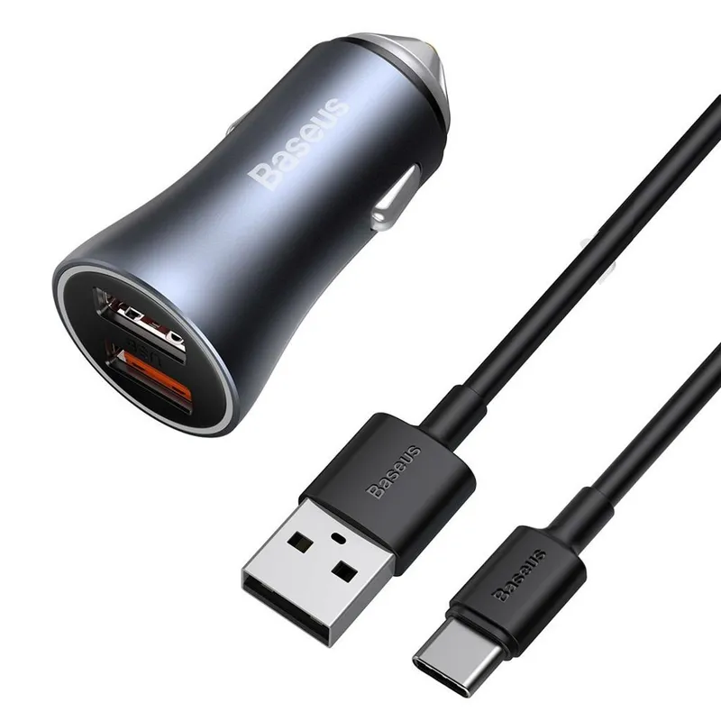 Baseus Snabb Billaddare 2x USB 40 W USB-C Kabel – Grå