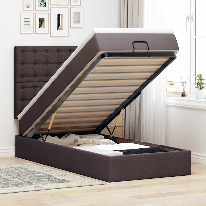 vidaXL Ottomansk säng med madrass och LED-lampor mörkbrun 90x200cm tyg (#9319)