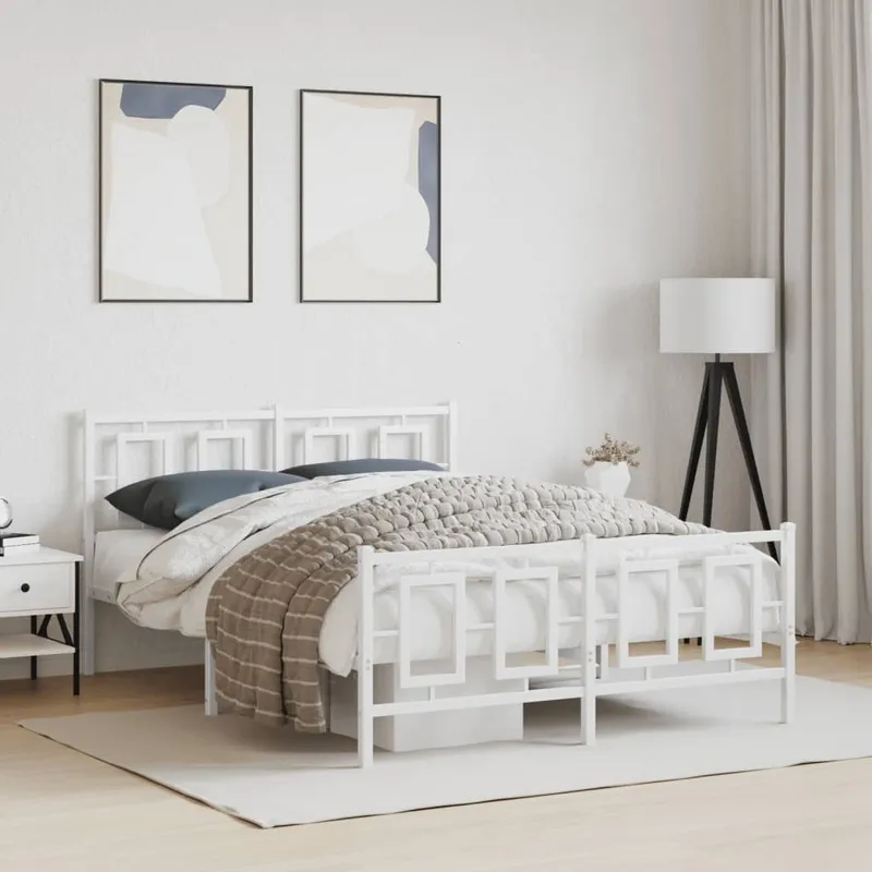 vidaXL Sängram med huvudgavel och fotgavel vit metall 135×190 cm (#5601)