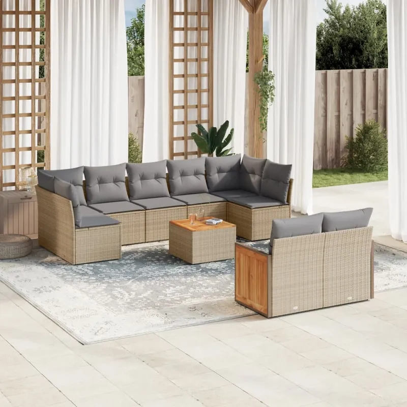 vidaXL Soffgrupp för trädgård med dynor 10 delar beige konstrotting (#9433)