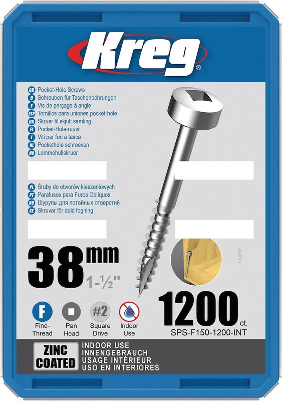 Kreg SPS-F150-1200-INT Skruv 38 mm Ø, förzinkad, 1200-pack, Pan Head