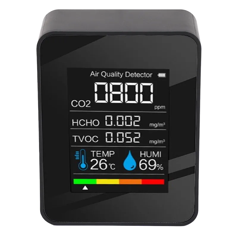 5 i 1 Luftkvalitetsmätare LCD Färgskärm CO2 TVOC HCHO Temperatur Luftfuktighet Multifunktionell Luft