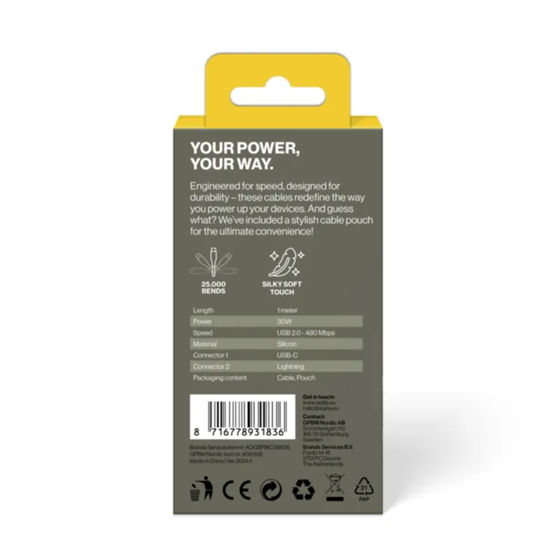 Aqiila Cablebird Kabel USB-C till Lightning 60W Silikon 1 m