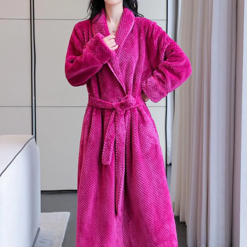 Høst Vinter Flanell Kvinner Lang Kjole Nattkjole Tykk Varm Badekåpe Nattøy Løst Uformell Coral Fleece Hjemmekjole Lounge Wear 3XL