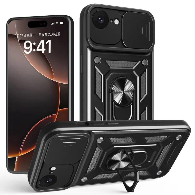 SKALO iPhone 16e Armor Metallring Kameraslider Skal – Svart