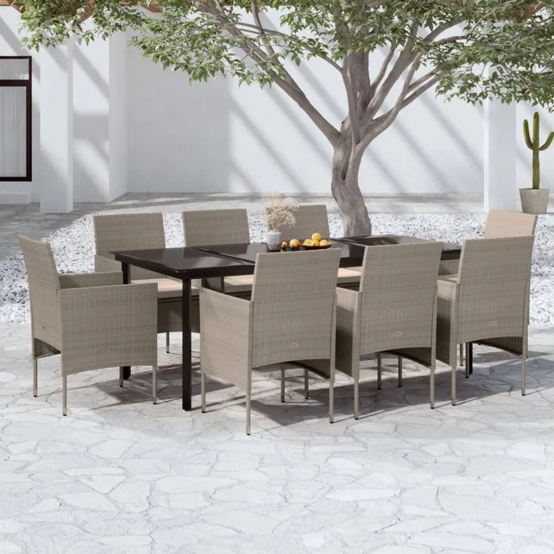 vidaXL Matgrupp för trädgården med dynor 9 delar beige och svart (#2720)
