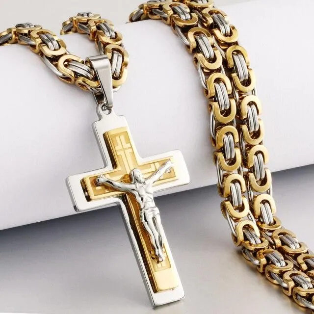 Heavy Duty Cross Pendant Halsband Herr Guld Rostfritt Stål Bysantinsk Kedja Herr Halsband 65cm (#7008)