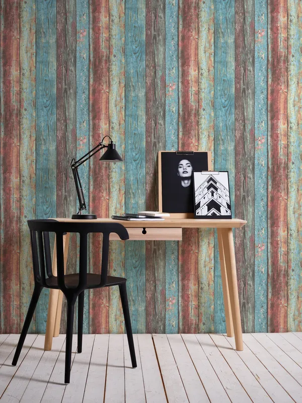 Living Walls Best of Wood´n Stone III T7231 Tapet röd/turkos/blå/beige