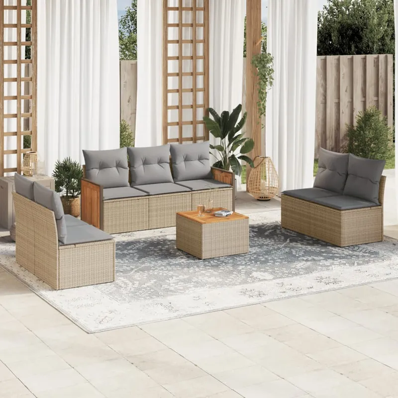 vidaXL Matgrupp för trädgården med dynor 8 delar beige konstrotting (#6600)