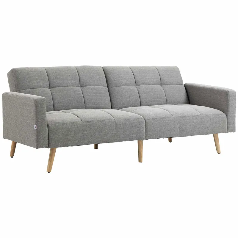Bäddsoffa i grått linneutseende, justerbart ryggstöd