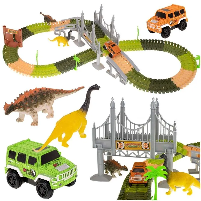 Färgglad flexibel bilbana med dinosaurier och palmer
