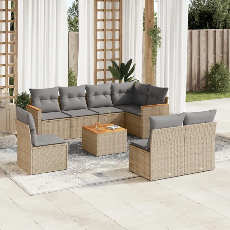 vidaXL Soffgrupp för trädgård med dynor 9 delar mixbeige konstrotting (#0189)