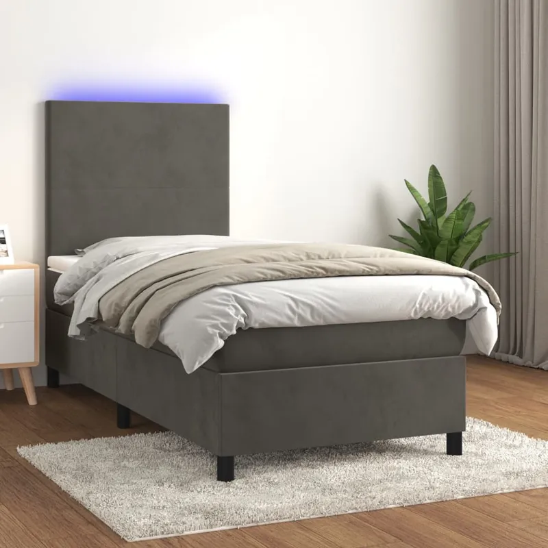 vidaXL Ramsäng med madrass & LED mörkgrå 90×200 cm sammet (#5065)
