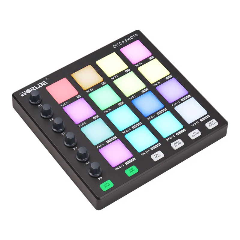 WORLDE MIDI Controller Beat Maker Machine 6 tilldelbara rattar Not Repetera Full Level-knappar och svart