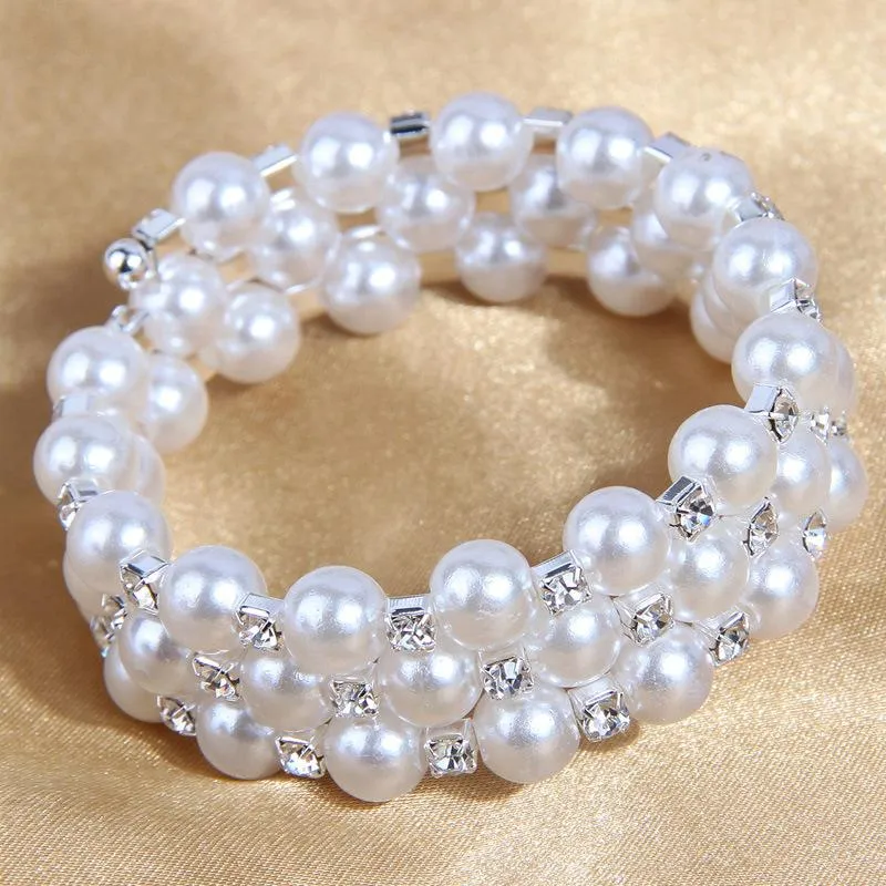 Perle Rhinestone Full Diamant Elastisk Armbånd, Mote Perle Flerlags Viklet Spiralarmbånd for Kvinner