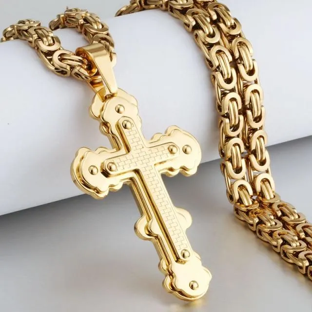 Heavy Duty Cross Pendant Halsband Herr Guld Rostfritt Stål Bysantinsk Kedja Herr Halsband 65cm (#6506)