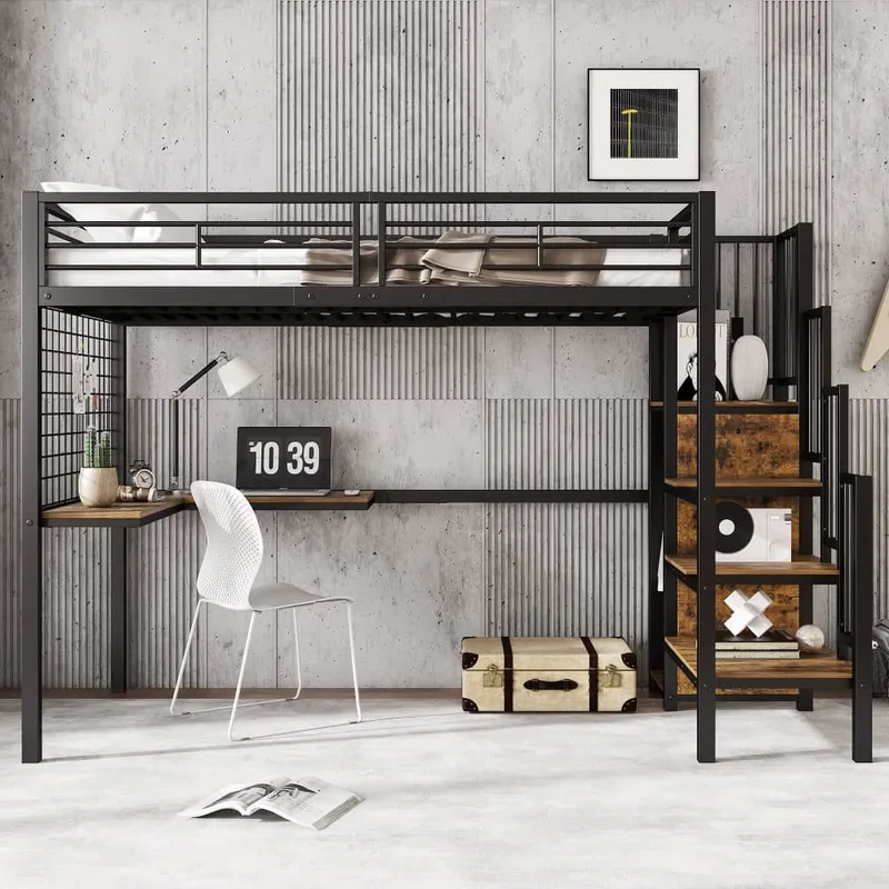 Våningssäng 90×200 cm – med skrivbord och garderob – i järn och spånskiva – Svart