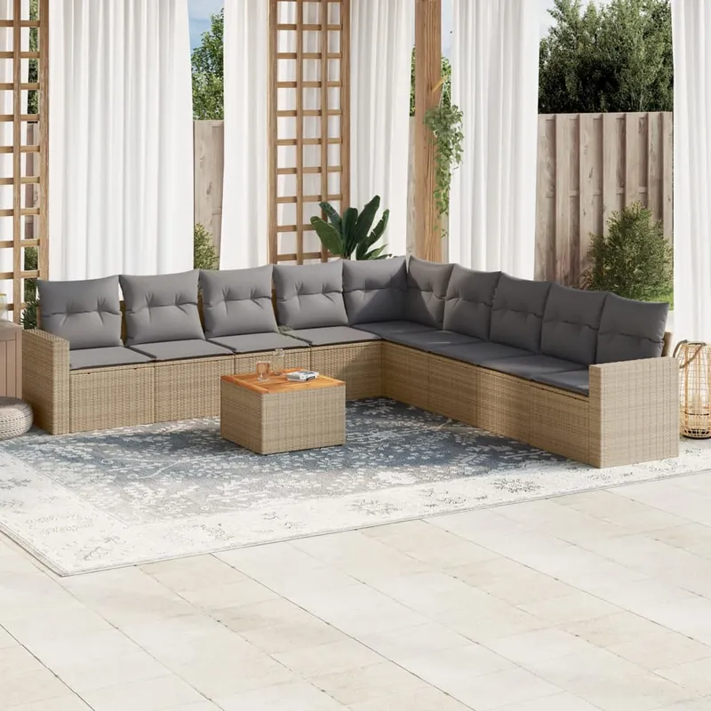 vidaXL Soffgrupp för trädgård med dynor 10 delar beige konstrotting (#0322)
