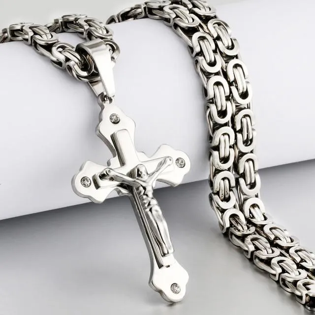 Heavy Duty Cross Pendant Halsband Herr Guld Rostfritt Stål Bysantinsk Kedja Herr Halsband 65cm (#7220)