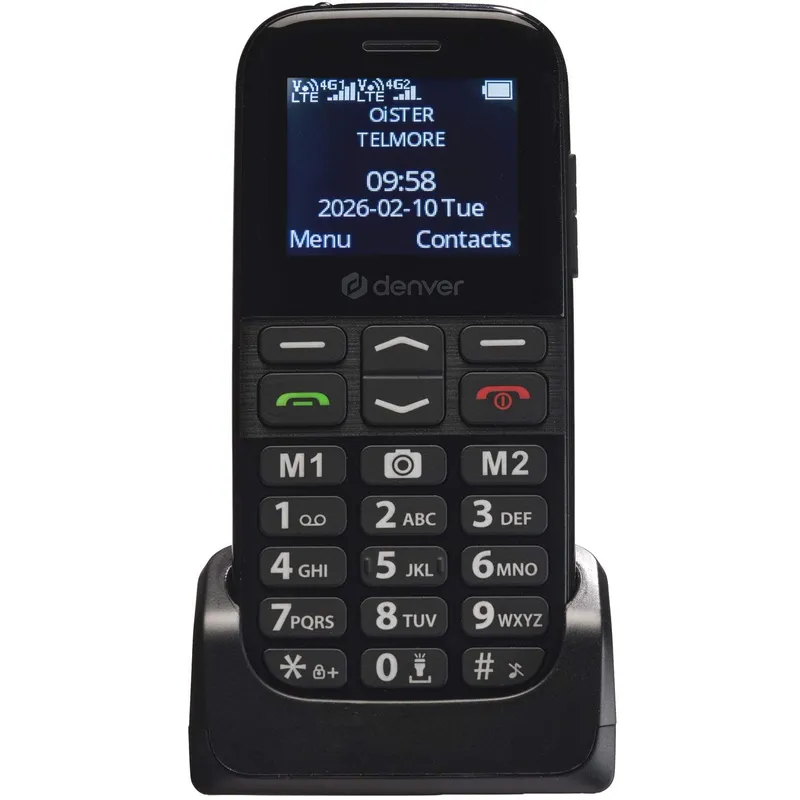 Denver BAS-18800L seniortelefon / enkel 4G-mobil / trygghetstelefon med SOS-knapp / laddningsdocka