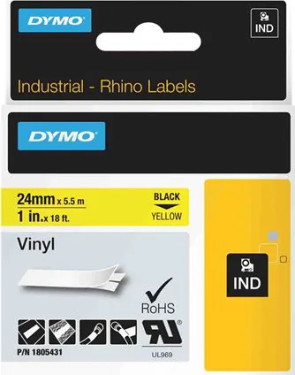 DYMO Rhino industri vinyl tejp, 24 mm x 5.5 m kassett, svart på gul, självhäftande