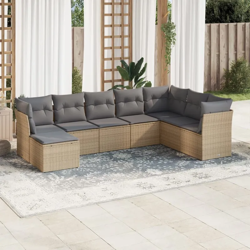 vidaXL Matgrupp för trädgården med dynor 8 delar beige konstrotting (#8630)