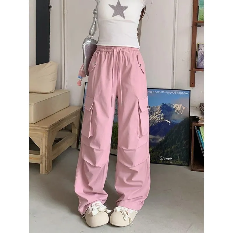 Elastisk midje snøring verktøy fritidsbukser dame tidlig høst koreansk versjon av de nye høy midje og tynne leggings rette bukser 5XL Rosa
