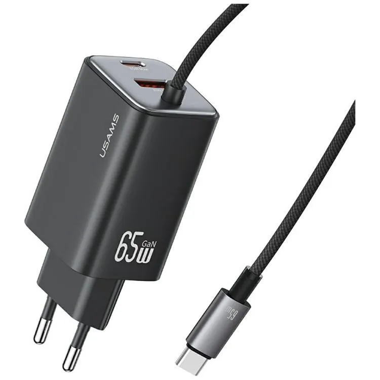 USAMS Snabbladdare 65W 2xUSB-C 1xUSB-A GaN JC - Svart